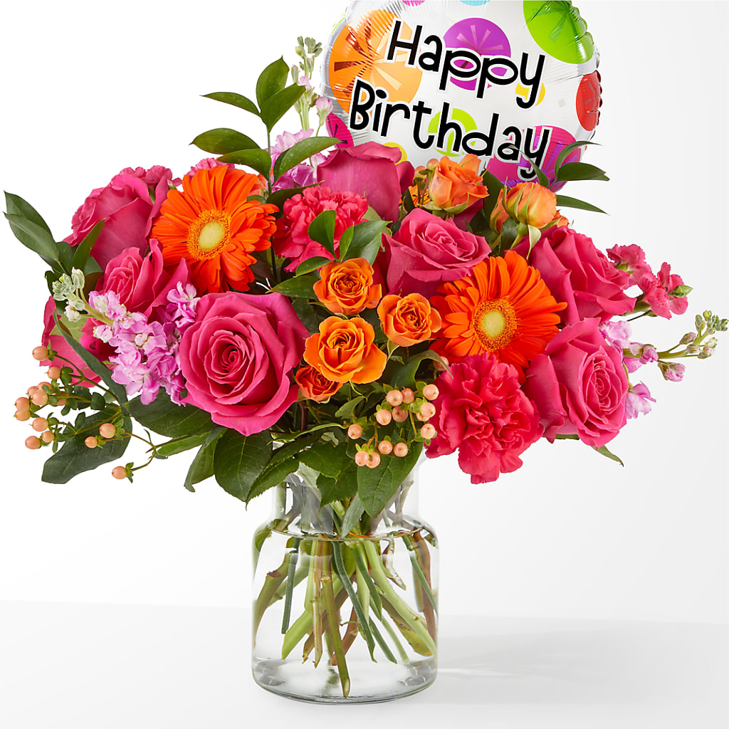 Fiesta Bouquet with Birthday Balloon – MOSS & CO, Watkinsville GA