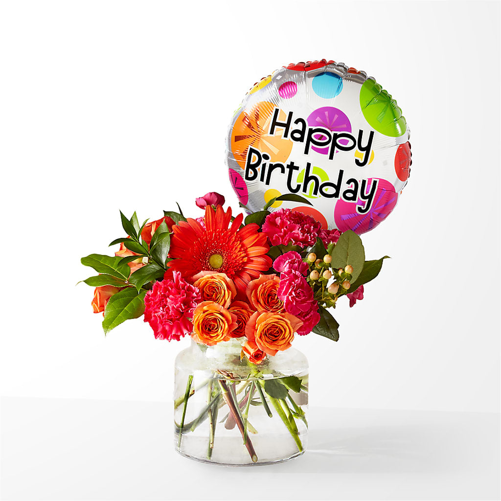 Fiesta Bouquet with Birthday Balloon – MOSS & CO, Watkinsville GA