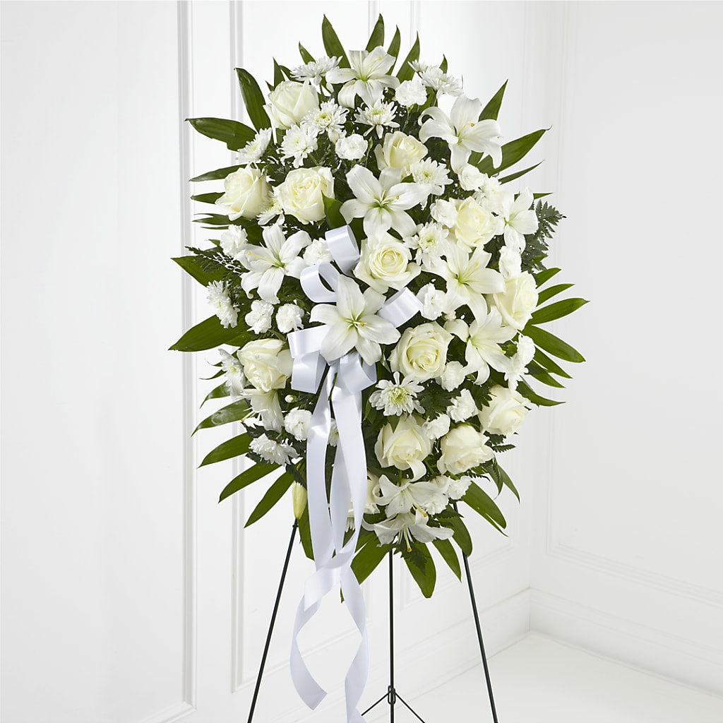Exquisite Tribute Standing Spray-White Ribbon – MOSS & CO, Watkinsville GA